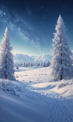 Obraz premium Stunning winter landscape with snow-covered mountains, tall trees, and a starry night sky