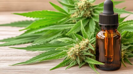 Exploring the natural essence of cannabis in a serene setting with tincture and lush buds on a rustic table