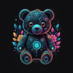Obraz premium Colorful robotic teddy bear illustration with floral elements for t-shirt print