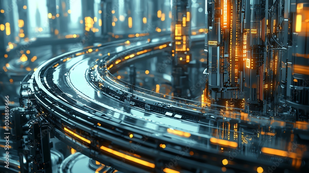 Poster futuristic cityscape featuring illuminated pathways and intricate structures, evoking a sense of hig