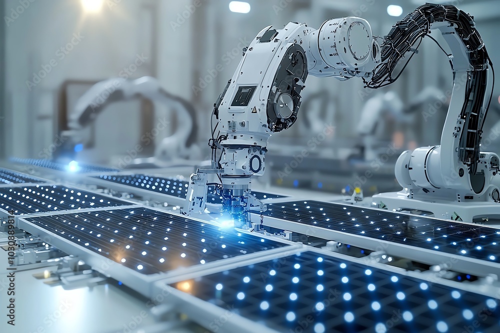 Poster automated robot arm installing solar panels in a modern factory, showcasing technological innovation
