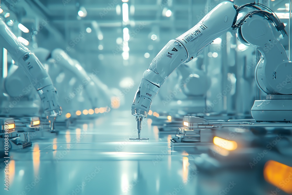 Poster futuristic robotic arm in a streamlined factory environment, showcasing advanced automation technolo