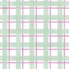 Gingham ornate in pastel colors seamless checkered pattern. Pink, green plaid watercolor illustration. Brush stroke striped, tartan texture. For spring textile, package decor.