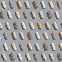 Patern of beige medical capsules with one yellow on grey top view, hard shadows. Herbal dietary supplements