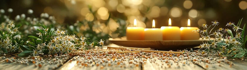 Three candles glow softly on a wooden surface, surrounded by flowers, creating a serene and peaceful atmosphere.