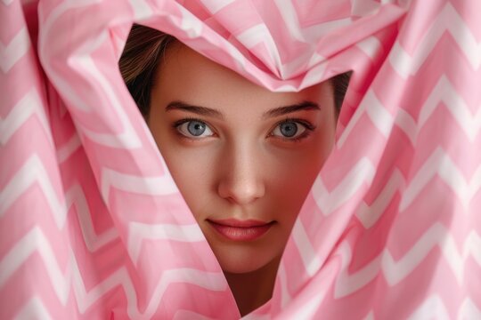 Woman with pink blanket over face