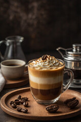 glass mug of coffee with coffe beans