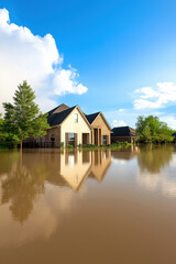 Fototapeta premium Flooded residential area with homes submerged in water during a bright daytime sky
