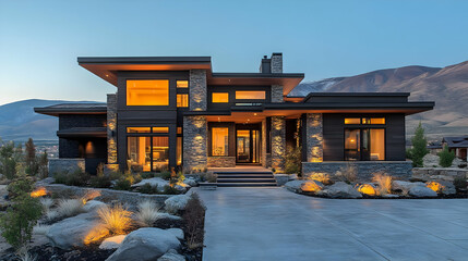 Modern home with stone accents and warm lighting at dusk.