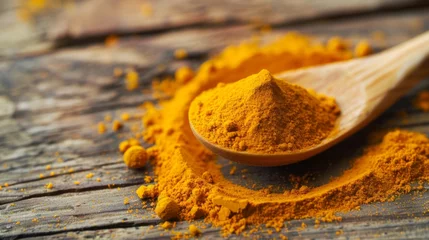 Turmeric Powder in Wooden Spoon: A Close-Up View © AlfaSmart