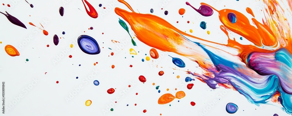 Poster abstract image of colorful fluid paint exploding and splattering on a white canvas, creating an ener