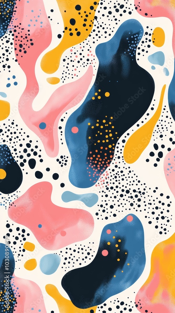 Poster modern and vibrant design featuring a seamless pattern of colorful organic shapes and dots, creating
