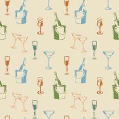 Seamless pattern with hand drawn wine glasses and champagne bottle