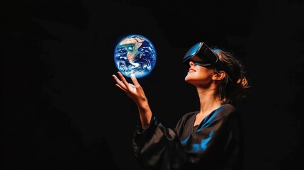 Woman in VR Headset Reaches for Holographic Earth