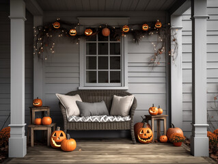 Obraz premium Porch decorated for halloween and fall. Outdoors sofa outside wooden house with halloween decor. 