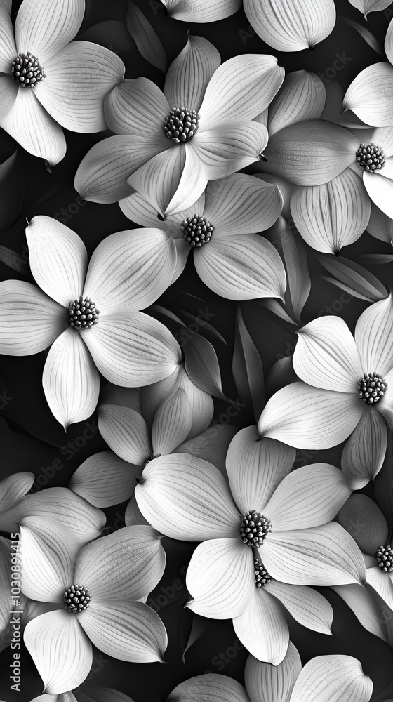 Wall mural Delicate dogwood flowers in full bloom, creating a stunning black and white floral background. Intricate details add natural beauty to the design, perfect for any season