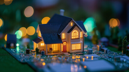 Obraz premium smart home concept new technology the home in the chip set like mother board on computer, chips and circuit board. macro photography front view. green plans around the home.