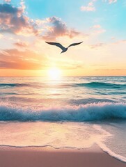 Naklejka premium Bird over Ocean Sunset