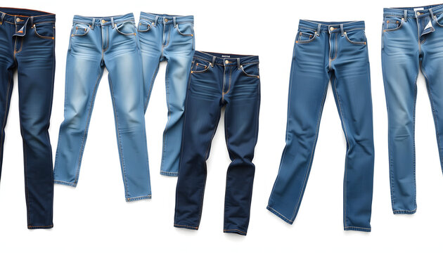 Different pants style. Blue jeans set isolated on white background with copy space. Top view and mock up clothes. Male female pants collage isolate. Autumn wear clothing isolated with white highligh