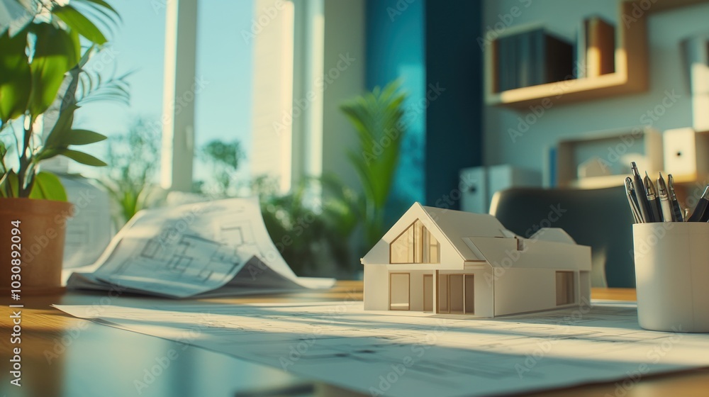 Aufkleber architectural model of a modern home on a desk with blueprints