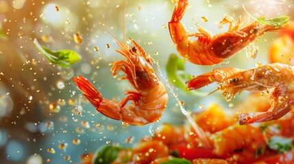 Fresh Shrimp with Basil and Water Drops - Appetizing Seafood Dish