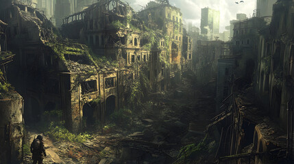 Obraz premium Weathered Scavenger Amid Crumbling Post Apocalyptic Cityscape with Overgrown Ruins
