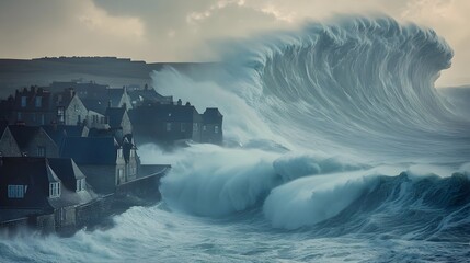 Powerful Storm Waves Crashing Against Coastal Town in Turbulent Seascape