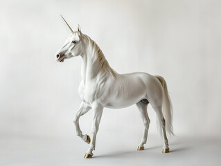 Fototapeta premium A stunning white unicorn gracefully prancing against a minimalistic white background. This AI-generated image highlights the unicorn's elegant form, smooth white coat, and shimmering horn.