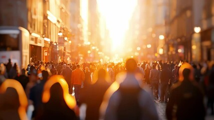 Large Urban Crowd Walking Through Sunlit City Streets During Golden Hour with Soft Bokeh, Capturing the Dynamic Energy, Movement, and Warm Atmosphere of Vibrant Urban Life	
