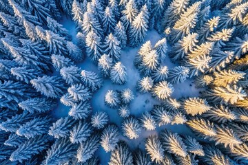 Aerial winter landscape with snow-covered pine tree