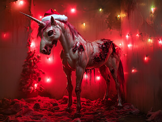 A haunting and eerie depiction of a unicorn adorned with Christmas lights, its glowing red eyes and bloodstained face contrasting sharply with the festive decorations. 