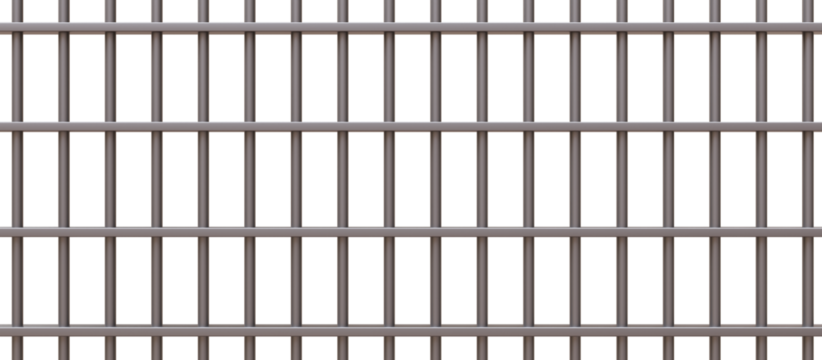 Prison bars isolated on white transparent. Stainless steel  rods grid, jail cell security. 3d illustration