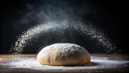 fresh homemade dough sprinkled with flour on black background