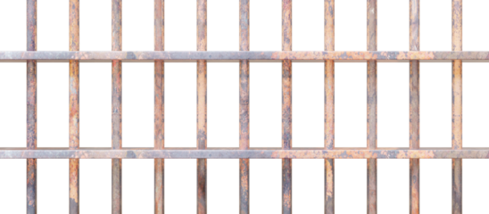 Prison bars isolated on white transparent. Rusty metal rods grid, jail cell security. 3d illustration