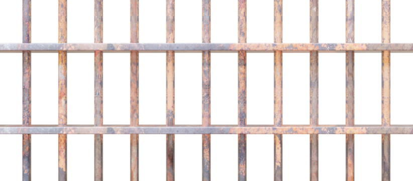 Prison bars isolated on white transparent. Rusty metal rods grid, jail cell security. 3d illustration