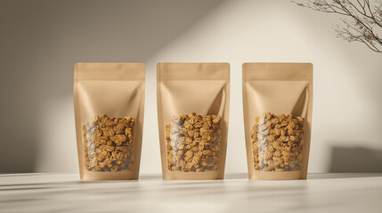 Three kraft paper doypack pouches mockup showing granola