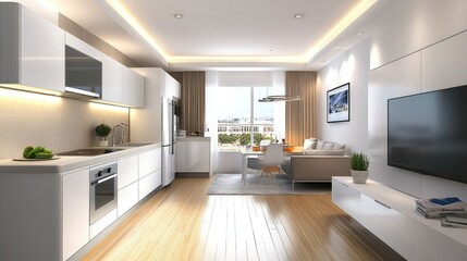 Open plan kitchen with modern appliances and clean countertop with white cabinets