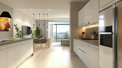 Fototapeta premium Open plan kitchen with modern appliances and clean countertop with white cabinets