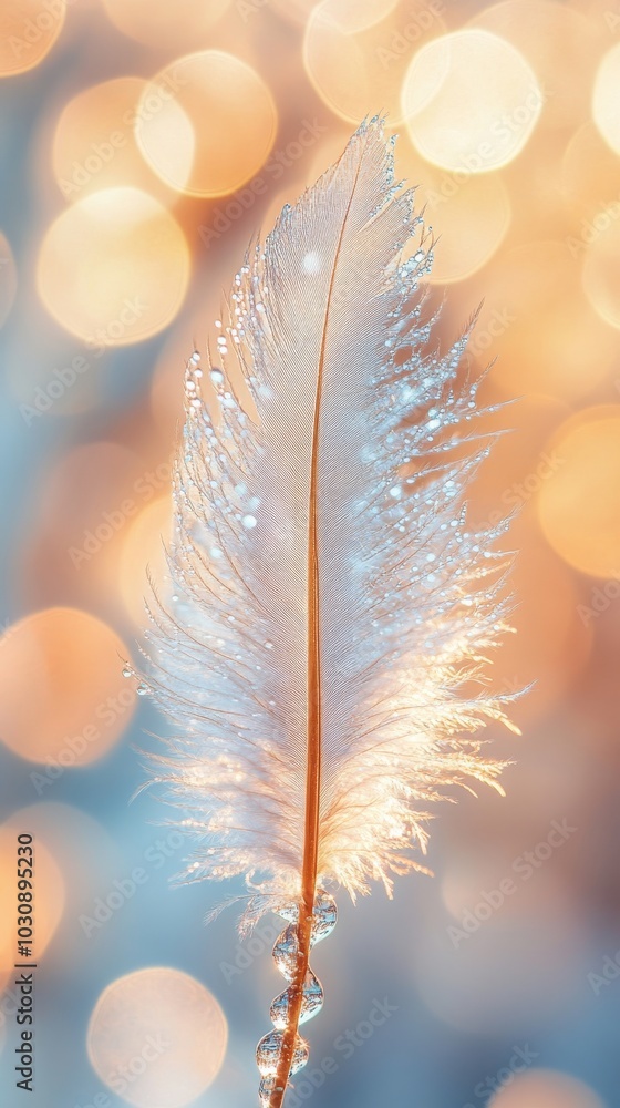 Poster shimmering white feather with dew drops against warm lights, creating an elegant and fragile scene w