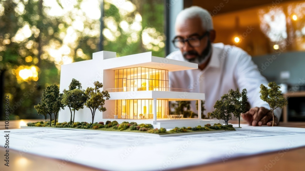 Poster architect examining a scale model of a modern house