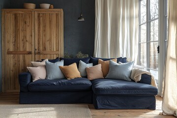 Fototapeta premium A Scandinavian interior in a modern decorated living room with minimalists, wood cabinets and sofas. Generative AI 