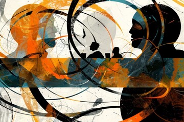 An abstract illustration representing the intertwining voices and topics on a roundtable podcast ,A visual depiction of diverse people linked together, illustrating the intricate relationships 
