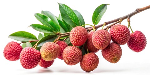 Fresh lychee fruits on a branch isolated on white background