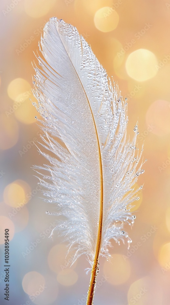 Poster white feather sparkling with water droplets is standing in front of a blurred background of golden b