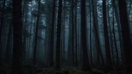 Obraz premium A dark, eerie forest at night, shrouded in thick fog, with towering trees looming in the shadows, creating a chilling and unsettling atmosphere