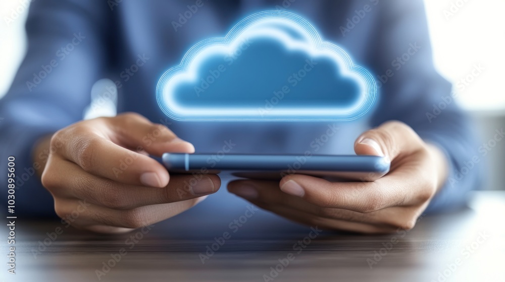 Poster hand holding smartphone with cloud computing symbol