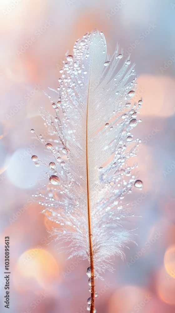Poster macro close up of a white feather with water droplets glistening on its delicate structure over a bl