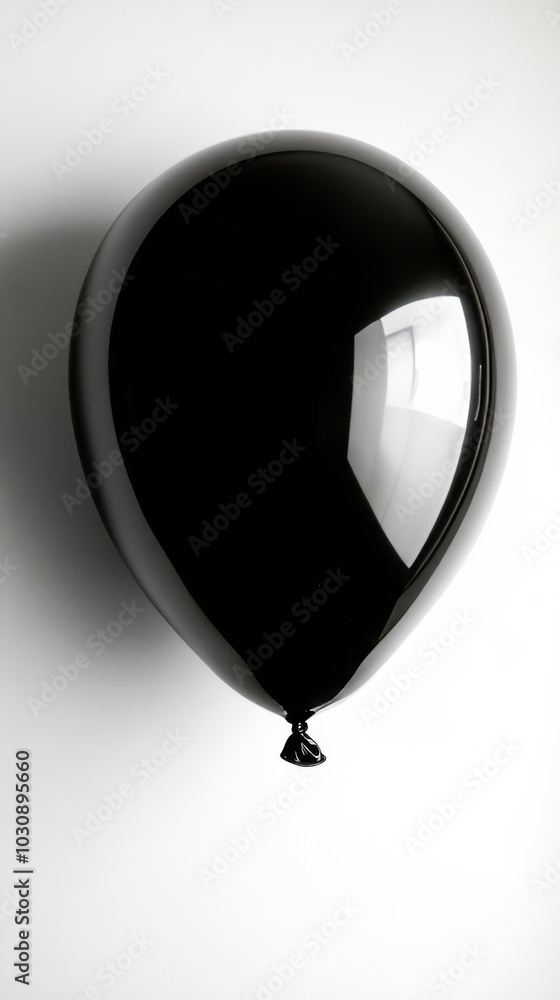 Poster single black balloon with a slightly reflective surface is floating against a white background, crea