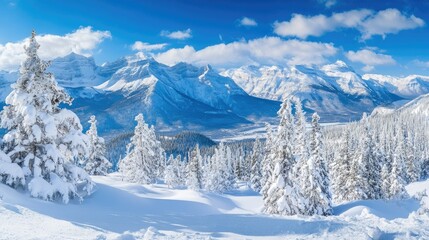 Fototapeta premium Panorama of snow covered mountains with blue sky and clouds and snow covered trees