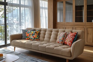 Fototapeta premium Minimalist, modern Scandinavian interiors in the living room with wood-finished walls and windows and sofas. Generative AI 